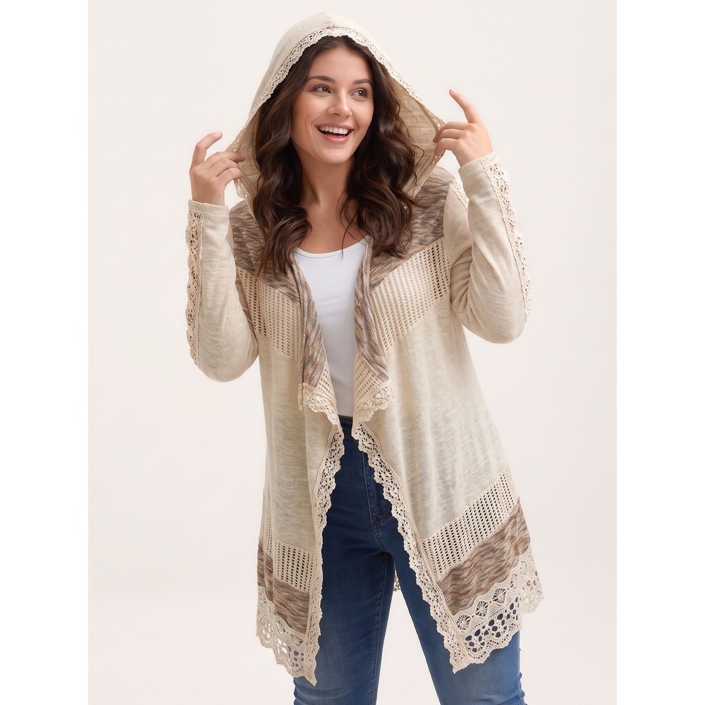 Miss Me Cardigan Women Large Cream Crochet Lace Hooded Open Front